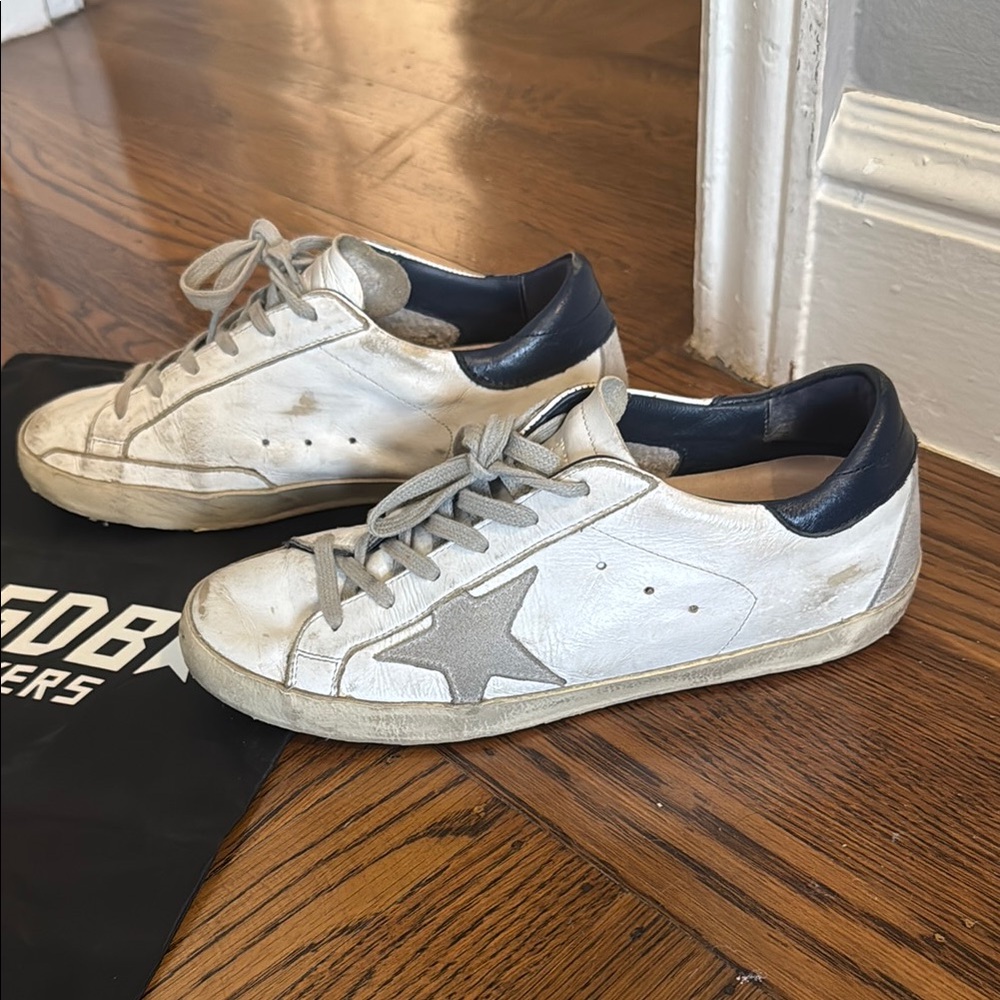 Golden Goose White and Gray Sneakers with Navy Accents